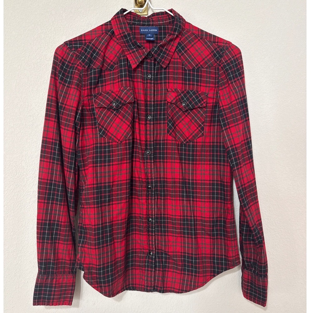 Ralph Lauren Plaid Button Down Girls Size 16 Red Black Western Snap Shirt